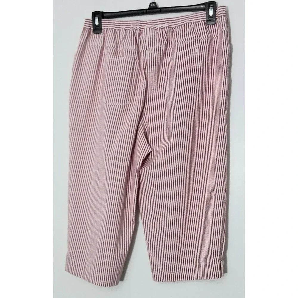 Quacker Factory Capri Pants Womens 1X Red & White Stripe Seersucker Pockets